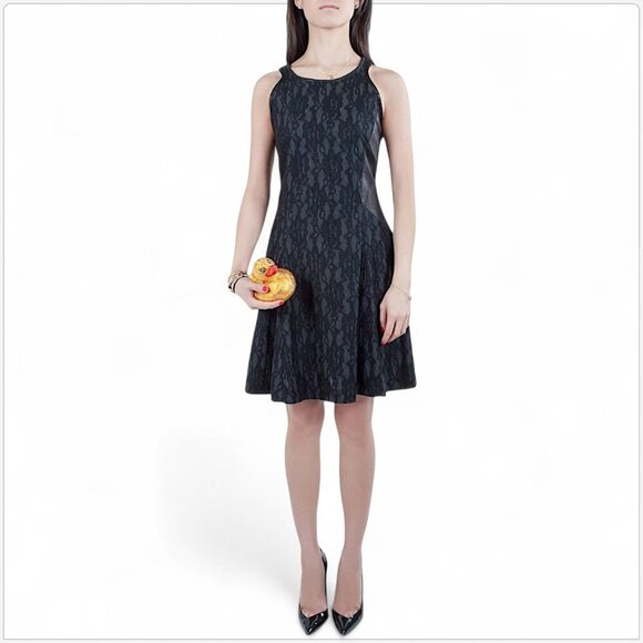 Sea NY Barneys Black Lace Distressed Leather Panel Fit & Flare Dress New NWOT 2 - Picture 1 of 10